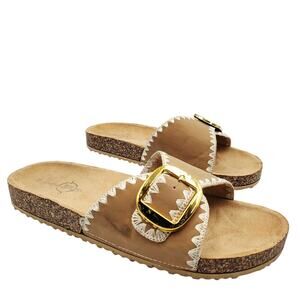 Sole Mates Tan Faux Suede Embroidered Goldtone Buckle Slip On Slides Women’s 10